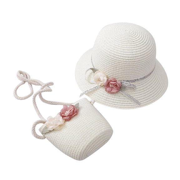 LNMQLPDBS Baseball Hat Girls 2-7 Age Straw Hat Tourism Sun Hat Flower Children Sun Hat and Bag Set Baseball Cap
