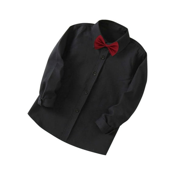 LNMQLPDBS Boys Black Dress Shirt Long Sleeve Basic Tops with Bow Tie & Straight Tie Boys Button Down Lapel Shirt for Party Wedding Family Photo Black1 6-7 Years