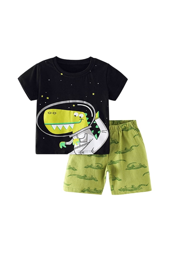 Boys' Clothing Sets Cartoon Dinosaur Star Printed Short Sleeve Crewneck T Shirt & Dinosaur Print Elastic Waist Shorts 2pcs Outfits Toddler Short Set for Back to School Black 4-5 Years