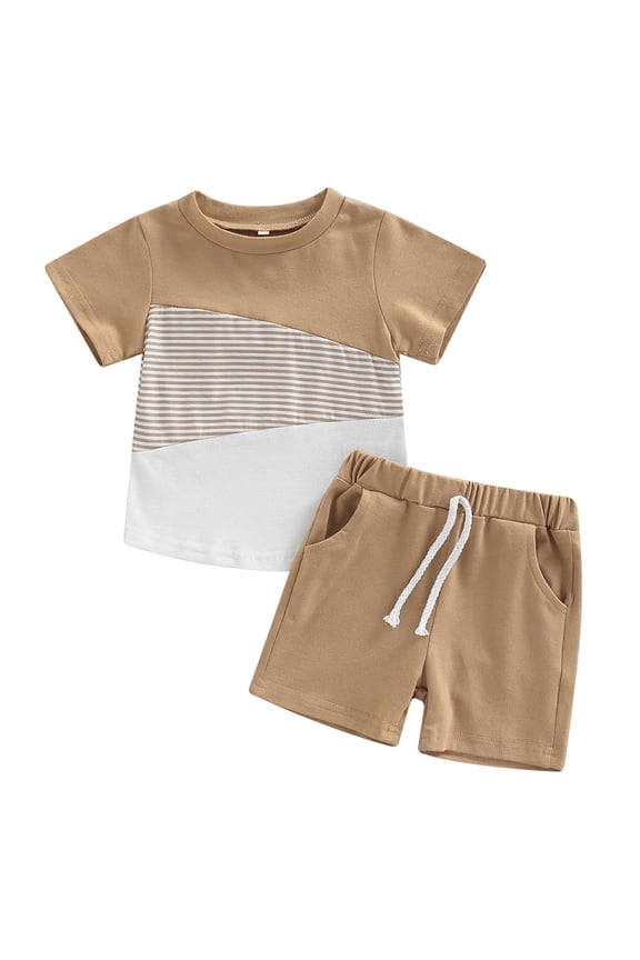 Boys' Clothing Sets Color Block Striped Crewneck Short Sleeve Tshirt + Solid Color Shorts with Pocket 2pcs Outfits 3 Year Old Boy Gift Elastic Waist Summer Set for School Daily