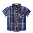 thumbnail image 1 of LNMQLPDBS Boys Plaid Button Down Lapel Shirt with Chest Pocket Short Sleeve Turn Down Collar Blouse Baby Gifts for Boys Baby Boy Summer Clothes for Party Beach Family Photo Purple 4-5 Years, 1 of 3