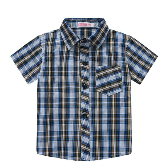 LNMQLPDBS Boys Plaid Button Down Lapel Shirt with Chest Pocket Short Sleeve Turn Down Collar Blouse Baby Gifts for Boys Baby Boy Summer Clothes for Party Beach Family Photo Black 2-3 Years