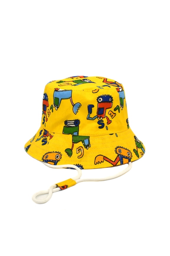 Childrens Summer Beach Hat Cartoon Pattern Print Bucket Hat with Chin Strap Wide Brim Floppy Fisherman Hat Sun Protection Caps Toddler Sunshade Hat for Holiday Fishing Outdoor﻿﻿