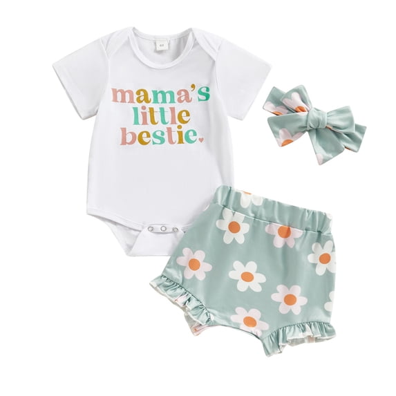 LNMQLPDBS Cute Summer Sets Lemon Fruit Letters Printed Short Sleeve Romper Bodysuit & Ruffle Trim Print Shorts & Bow Headbands 3pcs Onesies 0-3 Months Unisex Outfits Baby Girl Clothes