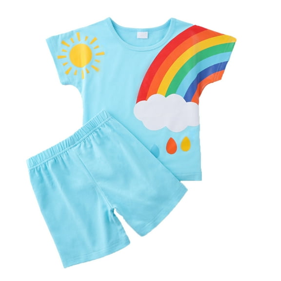 LNMQLPDBS Cute Summer Sets Rainbow Pattern Printed Crewneck Short Sleeve T Shirt Soild Color Elastic Waist Shorts 2pcs Outfits Unisex Baby Clothes Set Soft Breathable Casual Lounge Set