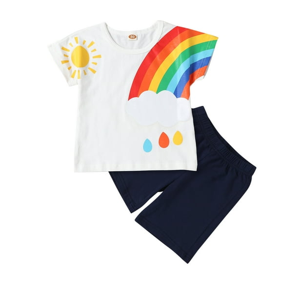 LNMQLPDBS Cute Summer Sets Rainbow Pattern Printed Crewneck Short Sleeve T Shirt   Soild Color Elastic Waist Shorts 2pcs Outfits Unisex Baby Clothes Set Soft Breathable Casual Lounge Set