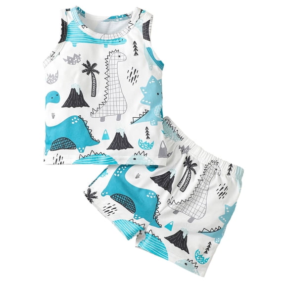 LNMQLPDBS Cute Summer Sets Sleeveless Cartoon Dinosaur Pattern Printed Tank Top + Elastic Waist Shorts 2pcs Outfits Soft Cute Clothes for Unisex Preschool Kids Newborn Boy Sets White 6-9 Months