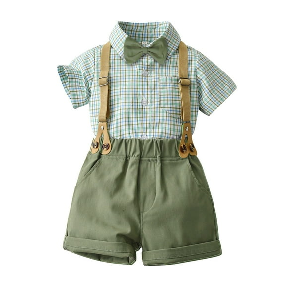LNMQLPDBS Cute Summer Sets for Toddler Boy Boys Summer Suit Plaid Short Sleeved Button Down Lapel Dress Shirt & Bow Tie & Solid Color Shorts 3pcs Outfits Dress Shirt Set for Wedding Family Photo
