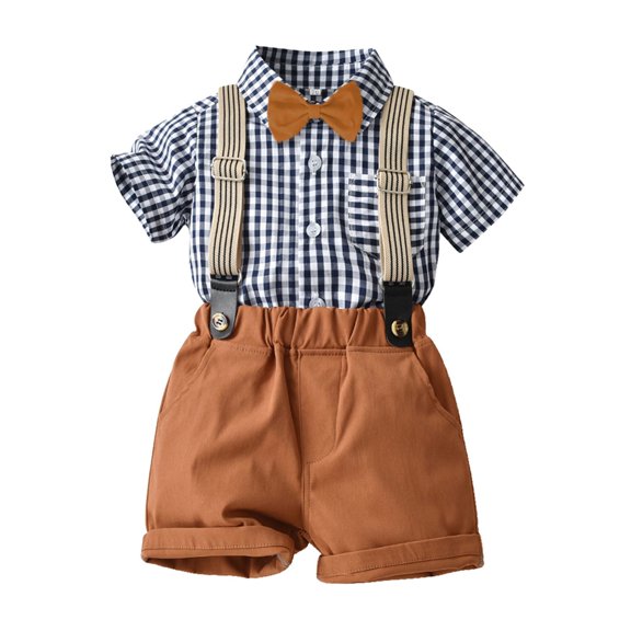 LNMQLPDBS Cute Summer Sets for Toddler Boy Boys Summer Suit Plaid Short Sleeved Button Down Lapel Dress Shirt & Bow Tie & Solid Color Shorts 3pcs Outfits Dress Shirt Set for Wedding Family Photo