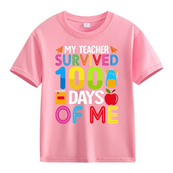 LNMQLPDBS Cute Summer Tops 100th Day of School Shirt Graphic Printed Short Sleeve Shirts Casual Crewneck Loose Tshirts for Unisex Baby Pink 12-13 Years