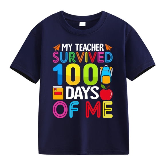 LNMQLPDBS Cute Summer Tops 100th Day of School Shirt Graphic Printed Short Sleeve Shirts Casual Crewneck Loose Tshirts for Unisex Baby Navy 3-4 Years