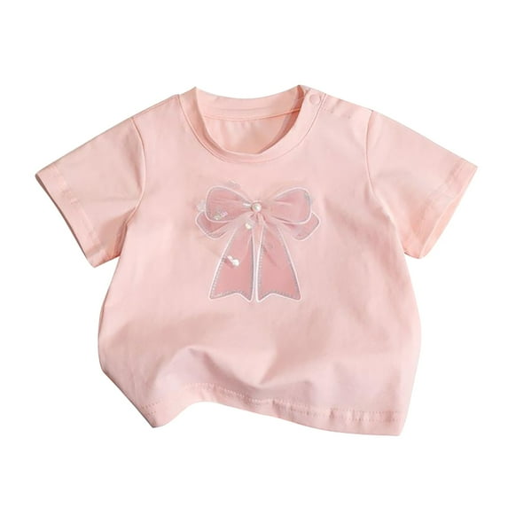 LNMQLPDBS Cute Summer Tops Bow Tie Graphic Printed T Shirt for Girls Short Sleeve Crewneck Casual Shirts Toddler Girl Clothes for Beach Party Vacation Pink 3-4 Years