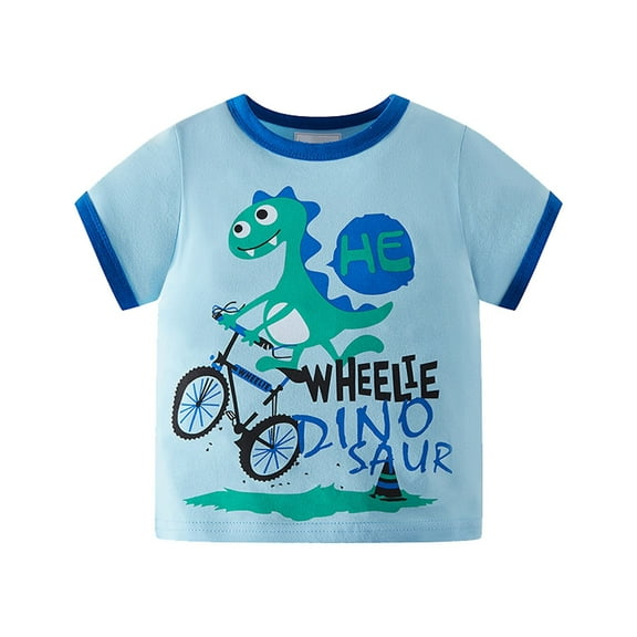 LNMQLPDBS Cute Tops for Kids Funny Dinosaur Pattern Letters Printed Short Sleeve Tees Summer Crewneck Tops Color Block Binding Trendy T Shirts for Family Photo Sky Blue 12-18 Months