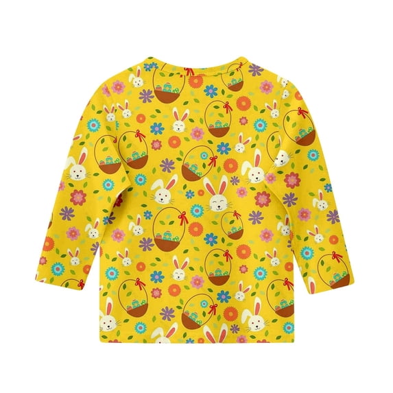 LNMQLPDBS Easter Shirt Cartoon Eggs Print T Shirt Holiday Funny Bunny Tops Graphic Tee 3/4 Sleeve Blouse Toddler Girl Clothes Yellow 6-7 Years