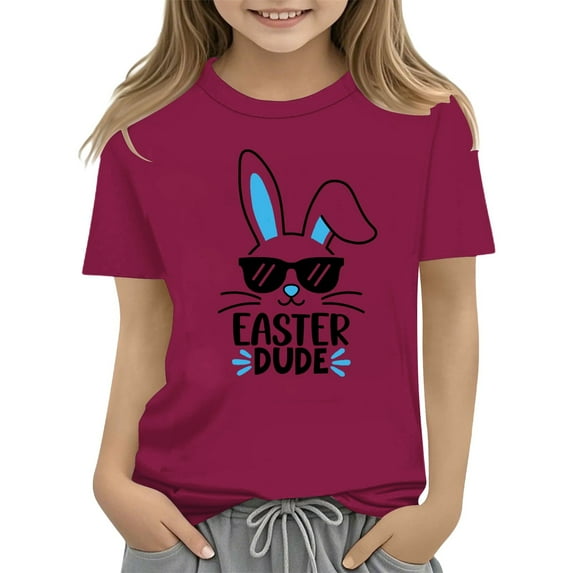 LNMQLPDBS Easter Shirts for Girls Classic Crewneck Casual Tops Kids Easter Bunny Short Sleeve T Shirt Baby Girls' and Toddler All Holidays Graphic T-Shirts Wine 4-5 Years