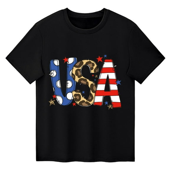 LNMQLPDBS Fourth of July Kids T Shirts for Boys Girls USA Shirt Short Sleeve Graphic Letters Print Tops Summer Crewneck Loose Casual Blouse Black 18-24 Months