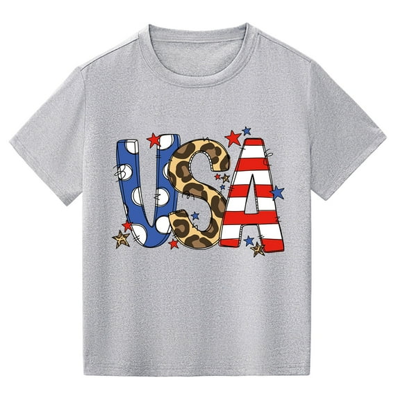 LNMQLPDBS Fourth of July Kids T Shirts for Boys Girls USA Shirt Short Sleeve Graphic Letters Print Tops Summer Crewneck Loose Casual Blouse Grey 2-4 Years
