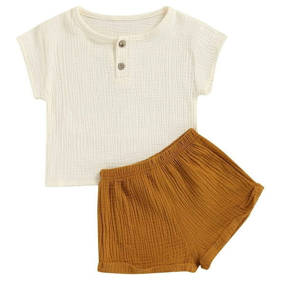 LNMQLPDBS Gender Neutral Baby Clothes Button Down Crewneck Short Sleeve Shirt + Elastic Waist Shorts 2pcs Outfits 12 Months Boys Clothes Casual Breathable Summer Sets for Daily White 18 Months