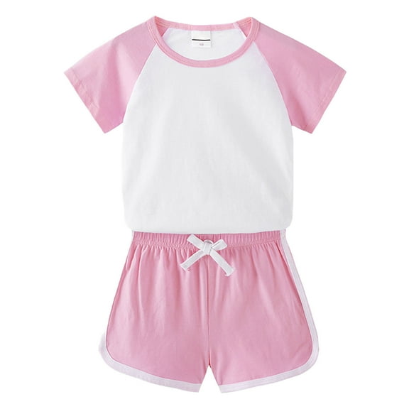 LNMQLPDBS Gender Neutral Baby Clothes Short Sets for Girls Color Block Crewneck Short Sleeve Solid Shorts 2pcs Outfits Cute Sweatshirt Pullover Shirt Suit Casual Baby Boys' Clothing Sets