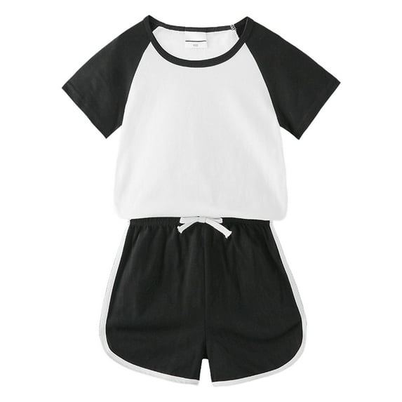 LNMQLPDBS Gender Neutral Baby Clothes Short Sets for Girls Color Block Crewneck Short Sleeve + Solid Shorts 2pcs Outfits Cute Sweatshirt Pullover Shirt Suit Casual Baby Boys' Clothing Sets