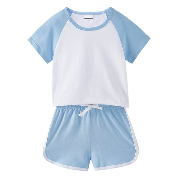 LNMQLPDBS Gender Neutral Baby Clothes Short Sets for Girls Color Block Crewneck Short Sleeve Solid Shorts 2pcs Outfits Cute Sweatshirt Pullover Shirt Suit Casual Baby Boys' Clothing Sets