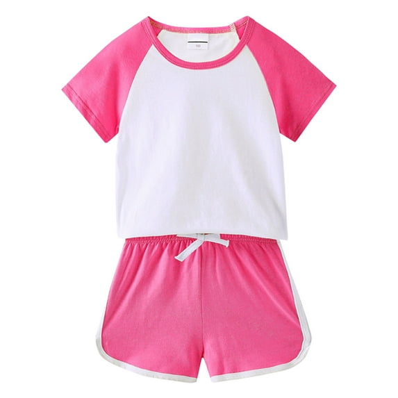LNMQLPDBS Gender Neutral Baby Clothes Short Sets for Girls Color Block Crewneck Short Sleeve + Solid Shorts 2pcs Outfits Cute Sweatshirt Pullover Shirt Suit Casual Baby Boys' Clothing Sets