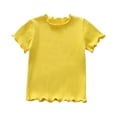 thumbnail image 1 of LNMQLPDBS Girl's Knit Solid Color Ruffle Edge Basic Layering Shirts Vertical Stripes Short Sleeved Crewneck Fitted Tops Toddler Clothes for Girls Summer Blouse for Kids ﻿ Yellow 6-12 Months, 1 of 4
