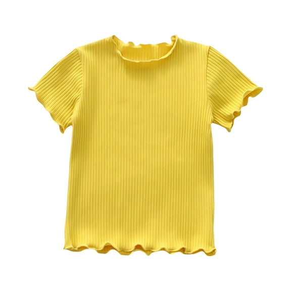 LNMQLPDBS Girl's Knit Solid Color Ruffle Edge Basic Layering Shirts Vertical Stripes Short Sleeved Crewneck Fitted Tops Toddler Clothes for Girls Summer Blouse for Kids ﻿ Yellow 12-18 Months