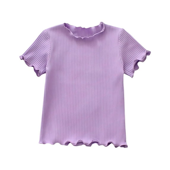 LNMQLPDBS Girl's Knit Solid Color Ruffle Edge Basic Layering Shirts Vertical Stripes Short Sleeved Crewneck Fitted Tops Toddler Clothes for Girls Summer Blouse for Kids Purple 12-18 Months