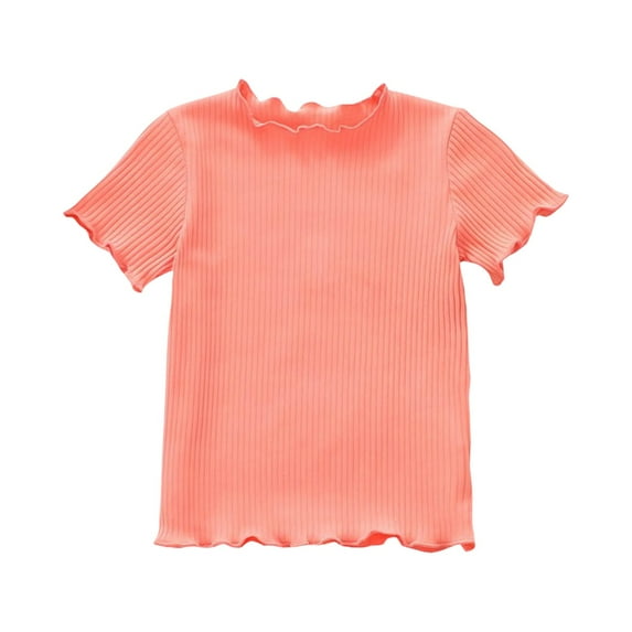 LNMQLPDBS Girl's Knit Solid Color Ruffle Edge Basic Layering Shirts Vertical Stripes Short Sleeved Crewneck Fitted Tops Toddler Clothes for Girls Summer Blouse for Kids ﻿ Pink 18-24 Months