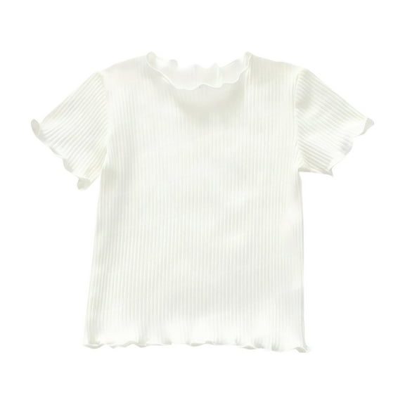 LNMQLPDBS Girl's Knit Solid Color Ruffle Edge Basic Layering Shirts Vertical Stripes Short Sleeved Crewneck Fitted Tops Toddler Clothes for Girls Summer Blouse for Kids ﻿ White 12-18 Months