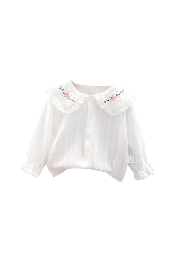 Girls' Blouses & Button-Down Shirts Cute Floral Print Doll Collar Tops Ruffle Edge Long Sleeves White Button Up Toddler Girl Blouse F 5-6 Years