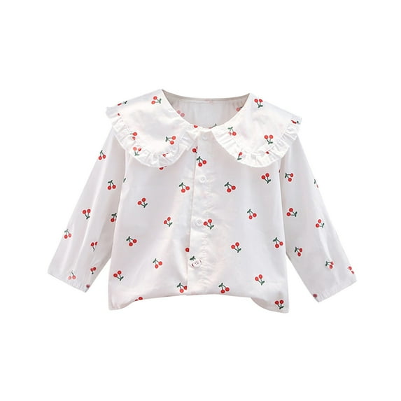 LNMQLPDBS Girls' Blouses & Button-Down Shirts Cute Floral Print Doll Collar Tops Ruffle Edge Long Sleeves White Button Up Toddler Girl Blouse