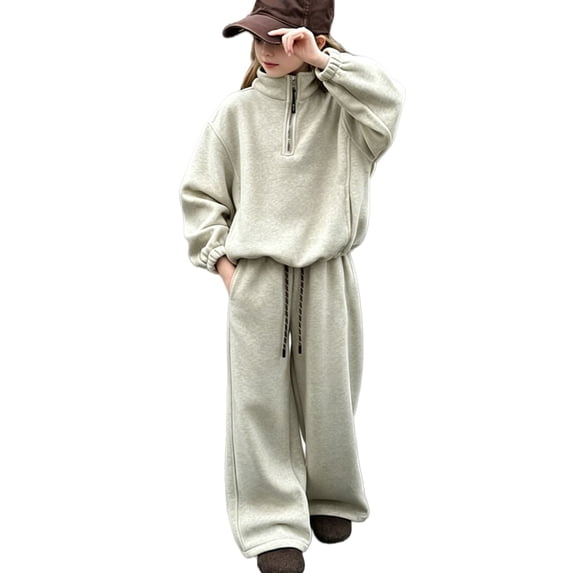 LNMQLPDBS Girls Casual Half Zip Stand Collar Sweatshirt and Wide Leg Pants Two Piece Set Casual Lounge Outfit Soft Warm Kids Clothing Set Comfy Breathable Matching Set for Fall Winter