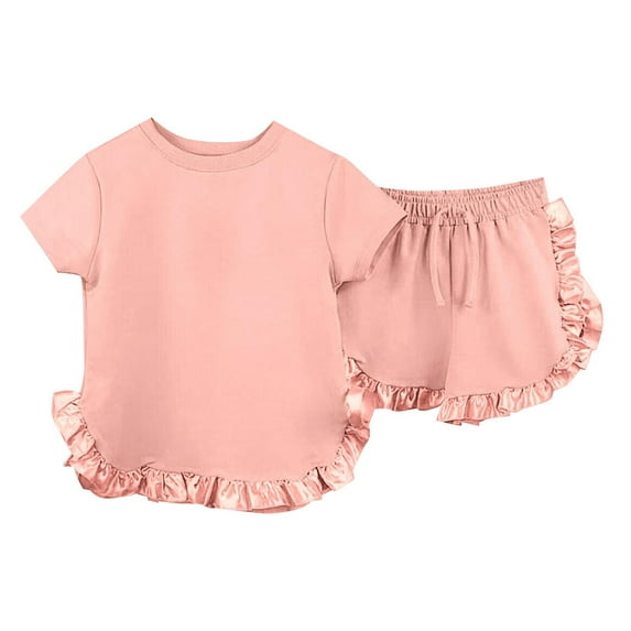 LNMQLPDBS Girls' Clothing Sets Cloth Splice Satin Ruffle Hem Solid Color Crewneck Short Sleeve Tshirt + Shorts 3pcs Outfits Clothes Toddler Girl Summer Sets for School Daily Home