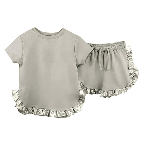LNMQLPDBS Girls' Clothing Sets Cloth Splice Satin Ruffle Hem Solid Color Crewneck Short Sleeve Tshirt + Shorts 3pcs Outfits Clothes Toddler Girl Summer Sets for School Daily Home Grey 6-12 Months
