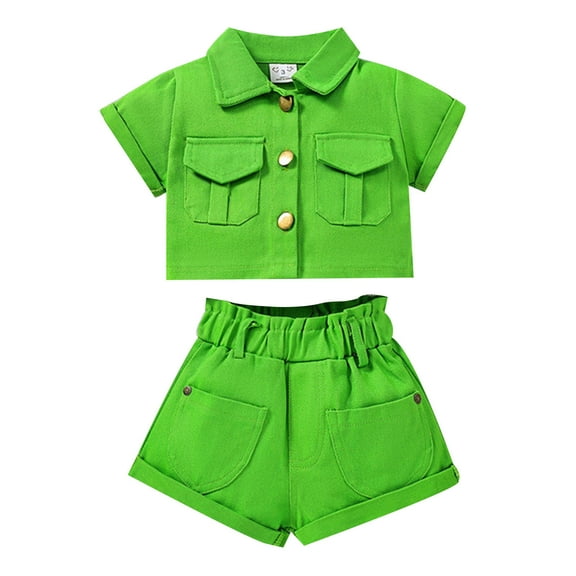 LNMQLPDBS Girls' Clothing Sets Solid Color Short Sleeve Button Down Lapel Shirts + Elastic Waist Shorts Outfits Clothes Cute Clothes for Teen Girls Summer Trendy Suit for Party and Photo