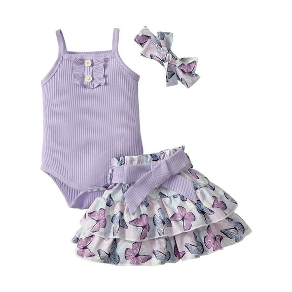 LNMQLPDBS Girls' Clothing Sets Summer Ribbed Sleeveless Button Ruffle Trim Romper & Butterfly Pritned Layered Ruffle Skirt & Bow Headband 3pcs Outfits Newborn Girl Clothes Toddler Girl Short Sets