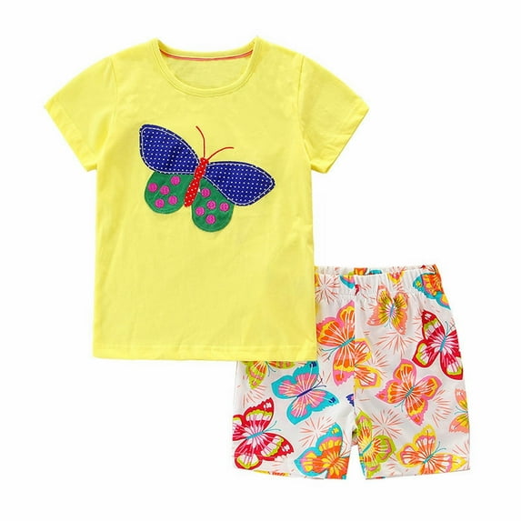 LNMQLPDBS Girls' Clothing Sets Toddler Girl Butterfly Print T Shirt Top and Shorts 2pcs Set for 2 to 8 Years Casual Cute Summer Sets Beach Clothes Outfits for Sport and Seaside Play