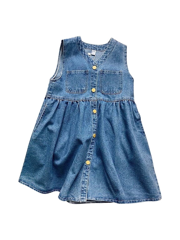 Girls Denim Dress Sleeveless Jumper Dresses Toddler Kids Jean Sundress Daily Wear Cute Pattern Button Down Jean Dresses Summer Clothes
