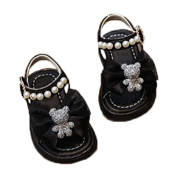LNMQLPDBS Girls Dress Sandals Children Wearing Beach Shoes Pearl Decoration Soft Sole Dress Shoes Baby Girl Sandals 12-18 Months Cute Shining Bear and Lace Bow Decoration Flat Toddler Floor Shoes