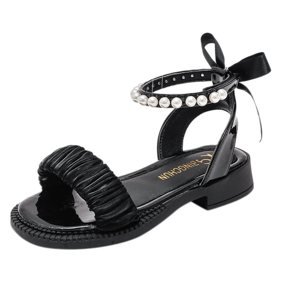 LNMQLPDBS Girls Dress Sandals Flower Girl Princess Shoes Open Toe Ankle Strap Flats with Bow Pearl Low Heels Sandal Wedding Party Shoes for Little/Big Kids