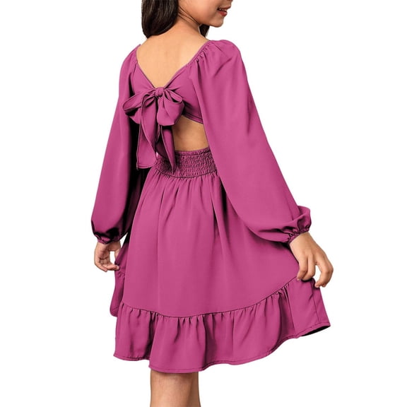 LNMQLPDBS Girls Dresses Summer Fall Tie Back Smock Dress Kids High Low Ruffle Hem Dress Long Leeve Square Neck Flowy Swing Dress for Birthday Party Wedding Graduation