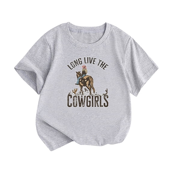 LNMQLPDBS Girls' Everyday Short Sleeve T-Shirts Cowgirl Letters Graphic Printed Crewneck Tees Toddler Girl Soft Casual Summer Tops Grey 18-24 Months
