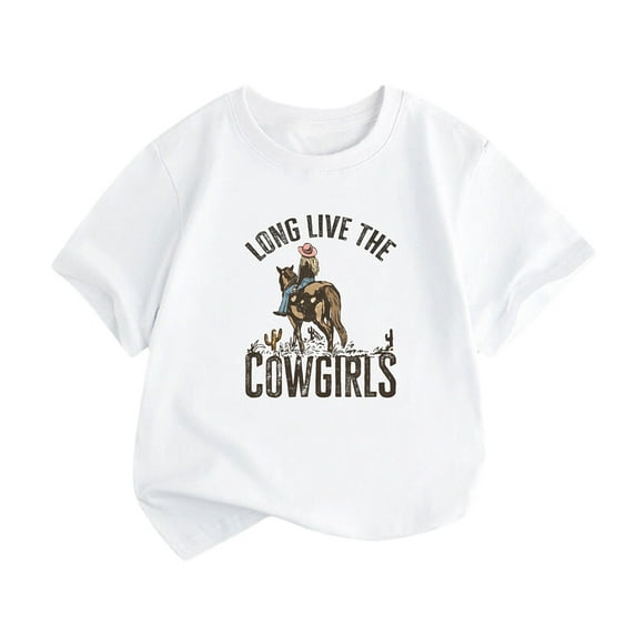 LNMQLPDBS Girls' Everyday Short Sleeve T-Shirts Cowgirl Letters Graphic Printed Crewneck Tees Toddler Girl Soft Casual Summer Tops White 18-24 Months