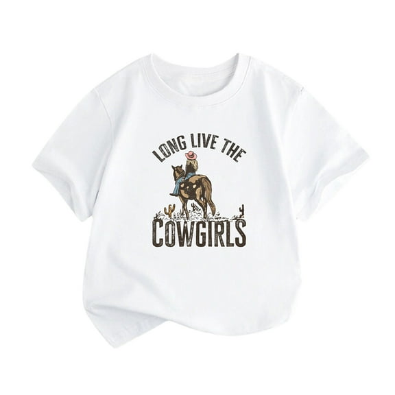 LNMQLPDBS Girls' Everyday Short Sleeve T-Shirts Cowgirl Letters Graphic Printed Crewneck Tees Toddler Girl Soft Casual Summer Tops White 18-24 Months