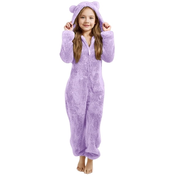 LNMQLPDBS Girls Fleece Jumpsuits Zip Up Teens Hooded Rompers Fuzzy Onesie Warm Cute Winter Clothes Warm Sherpa Romper for Kids 2-13 Years