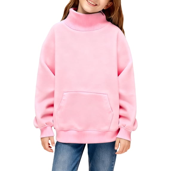 LNMQLPDBS Girls High Neck Sweatshirt with Front Pocket Casual Warm Long Sleeve Pullover Tops for Kids Tween Daily Wear Outgoing School Basic Solid Sweatshirt for Fall Winter