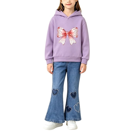 LNMQLPDBS Girls Hoodie Set Toddler Cute Graphic Pullover and Flared Jean Kids Casual 2 Piece Set Sweatshirt with Denim Pants Matching Set for Outdoor School Daily Wear
