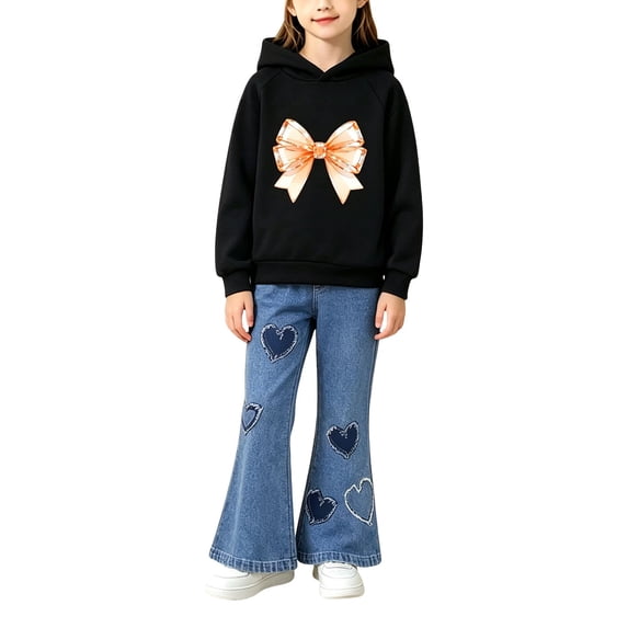 LNMQLPDBS Girls Hoodie Set Toddler Cute Graphic Pullover and Flared Jean Kids Casual 2 Piece Set Sweatshirt with Denim Pants Matching Set for Outdoor School Daily Wear